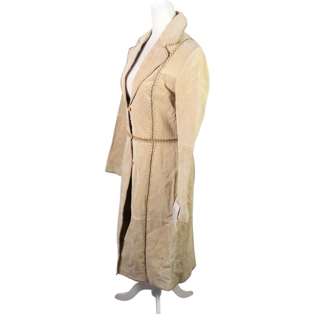 Vintage Y2K Beyond California Tan Suede Leather Crochet Trim Mid Length Coat S - Picture 3 of 6